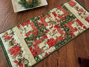 Christmas Poinsettia Table Runner Quilt | Holiday Decor with Holly and Cardinals