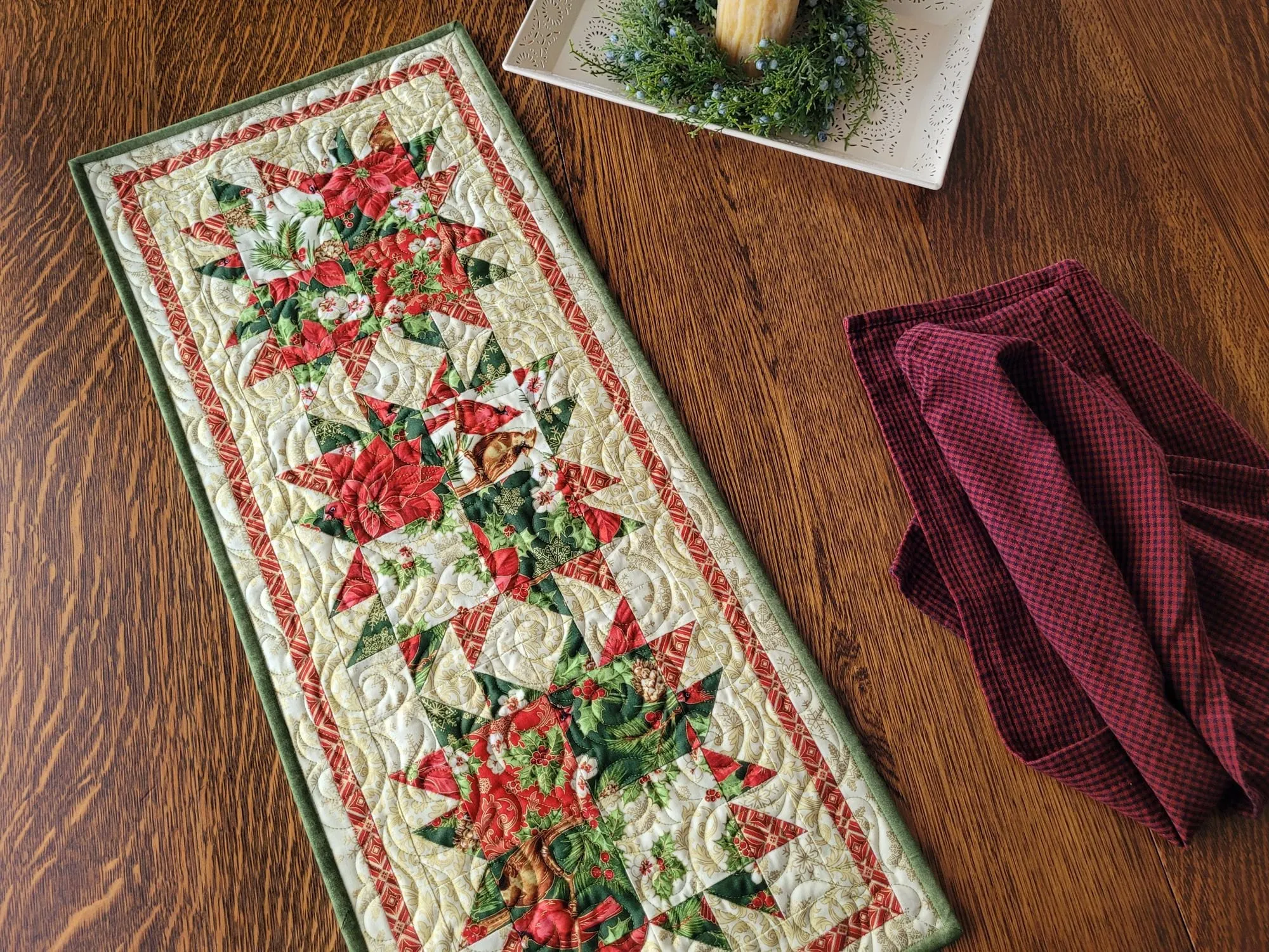 Christmas Poinsettia Table Runner Quilt | Holiday Decor with Holly and Cardinals