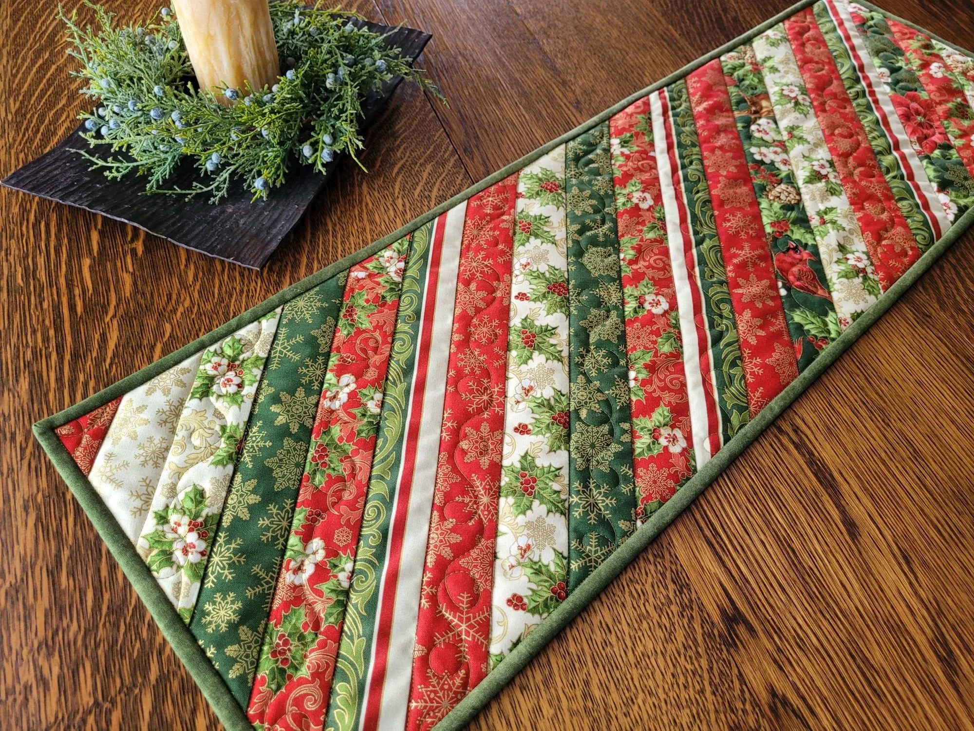 Christmas Poinsettia Table Runner Quilt | Holiday Decor with Holly and Cardinals