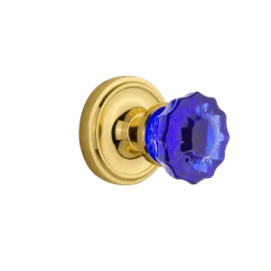 Classic Rosette with Cobalt Crystal Knob in Polished Brass