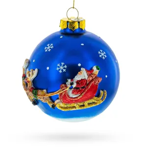 Classic Santa Claus In Sleigh With Reindeer - Blown Glass Christmas Ornament