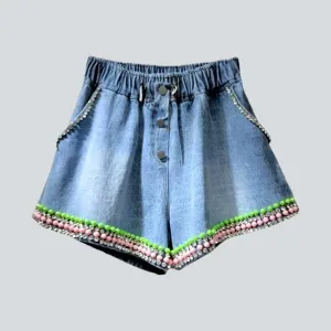 Color pearl hem denim shorts