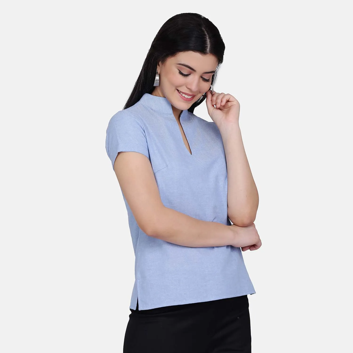 Comfortable women's Sky Blue Slit Neck Cotton Top