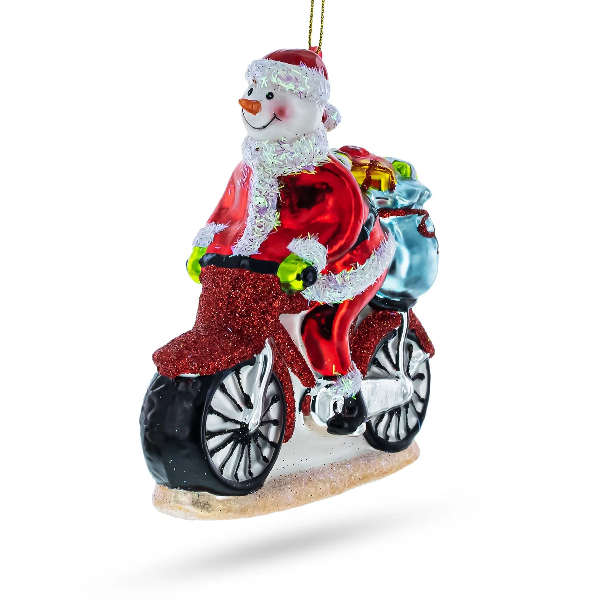 Cool Snowman Biker On The Road - Blown Glass Christmas Ornament