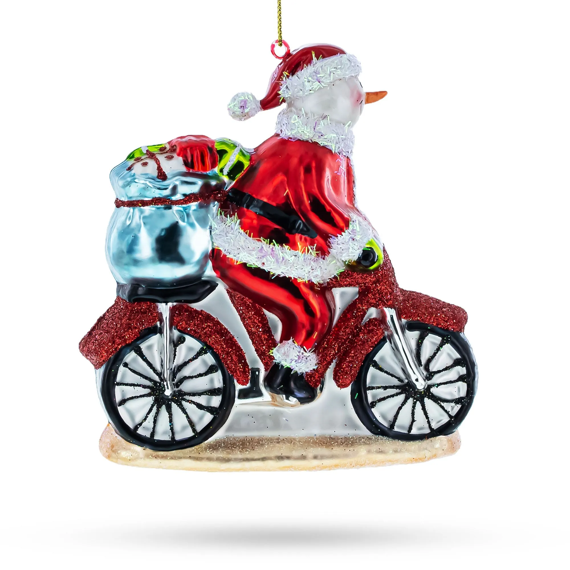 Cool Snowman Biker On The Road - Blown Glass Christmas Ornament