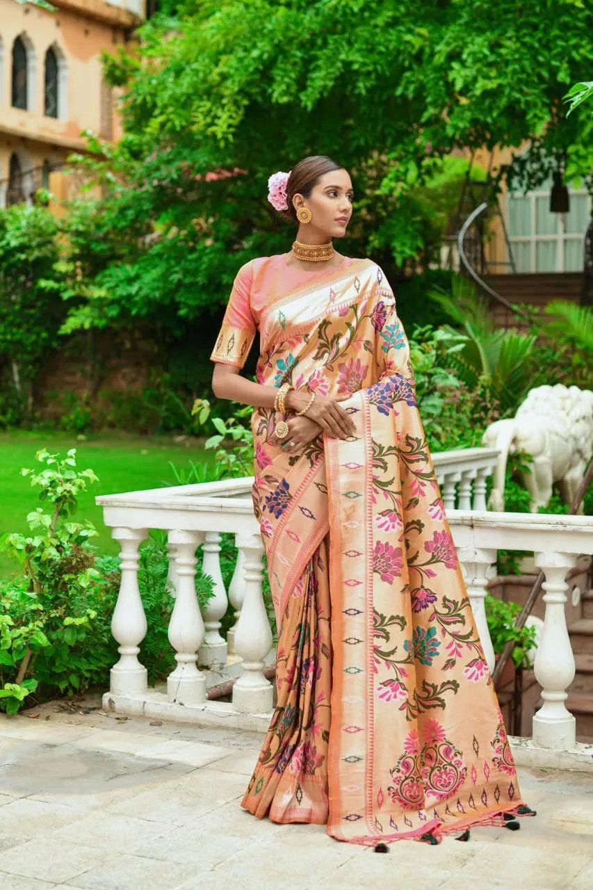 Coral Peach Floral Banarasi Silk  Saree