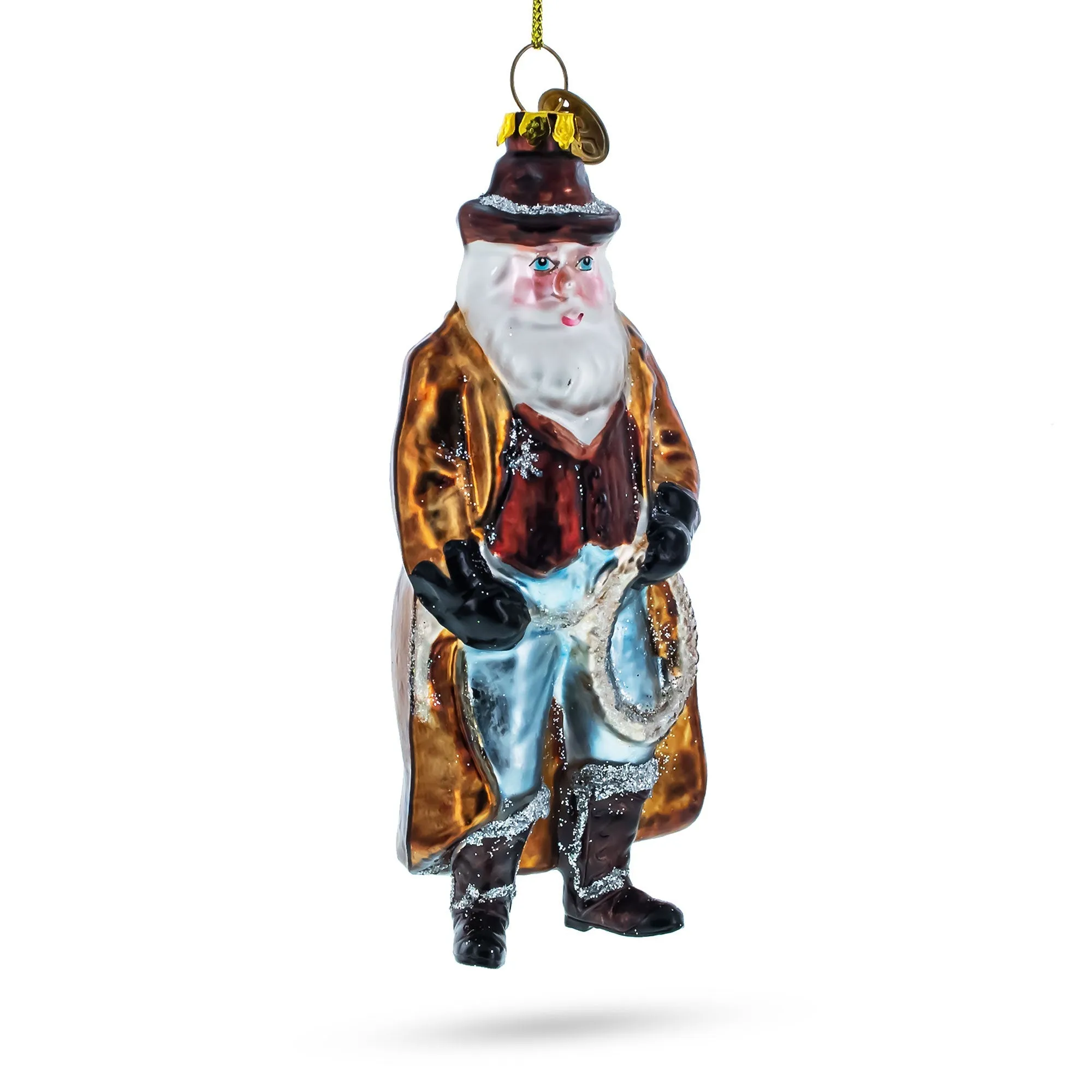 Cowboy Santa Skillfully Twirling A Lasso - Blown Glass Christmas Ornament