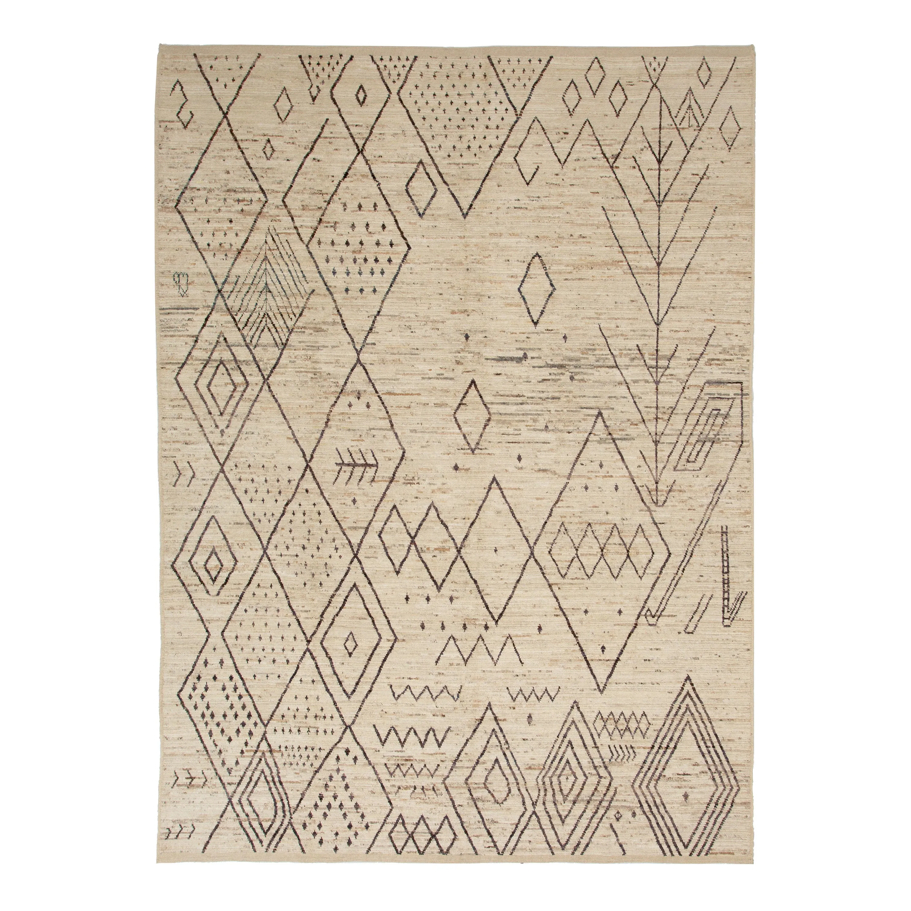 Cream & Brown Zameen Geometric Wool Rug - 10'2" x 14'2"