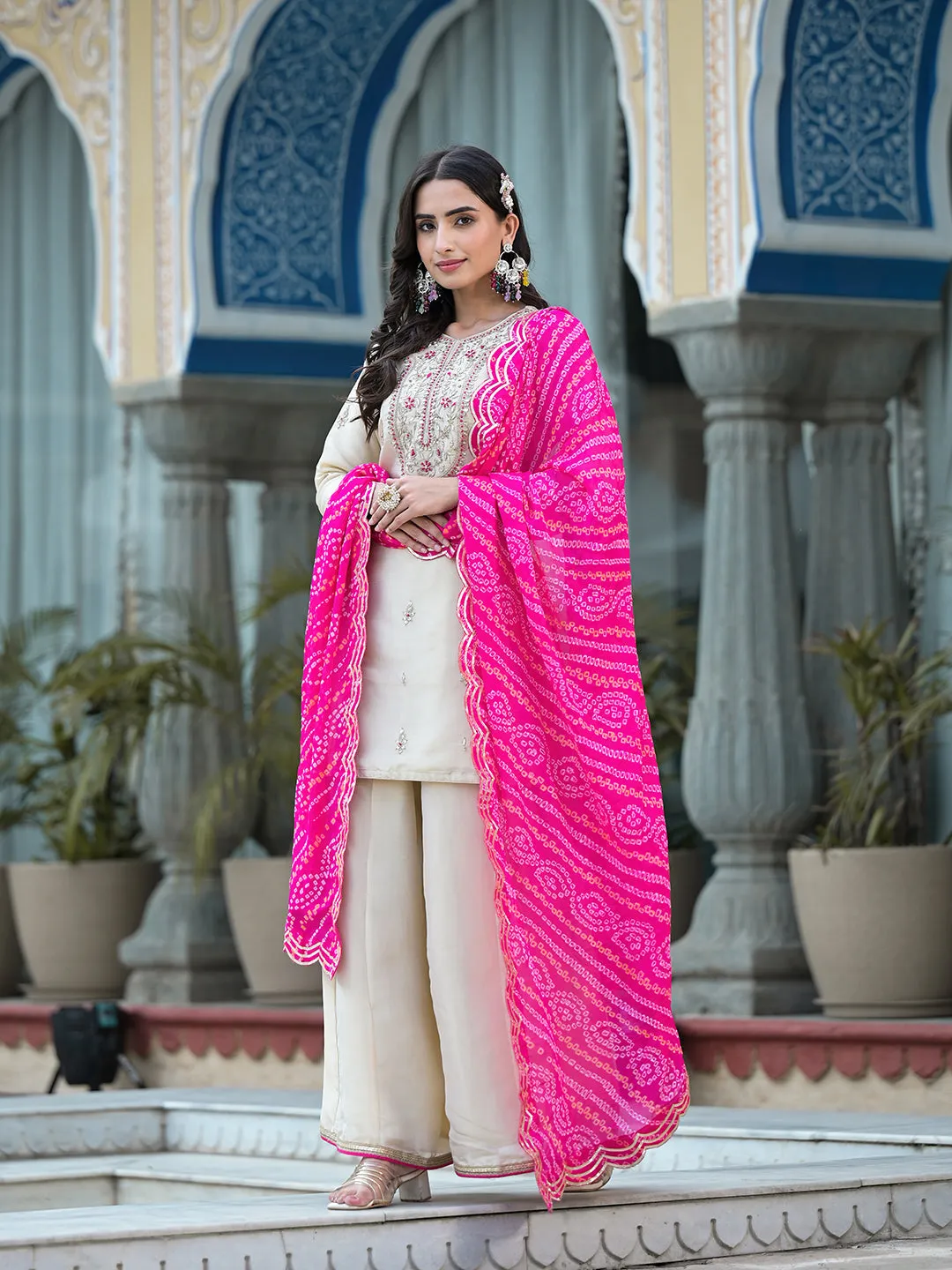 Cream Gota Patti & Zardozi Work Tissue Fabric Kurta Sharara Set With Bandhani Dupatta