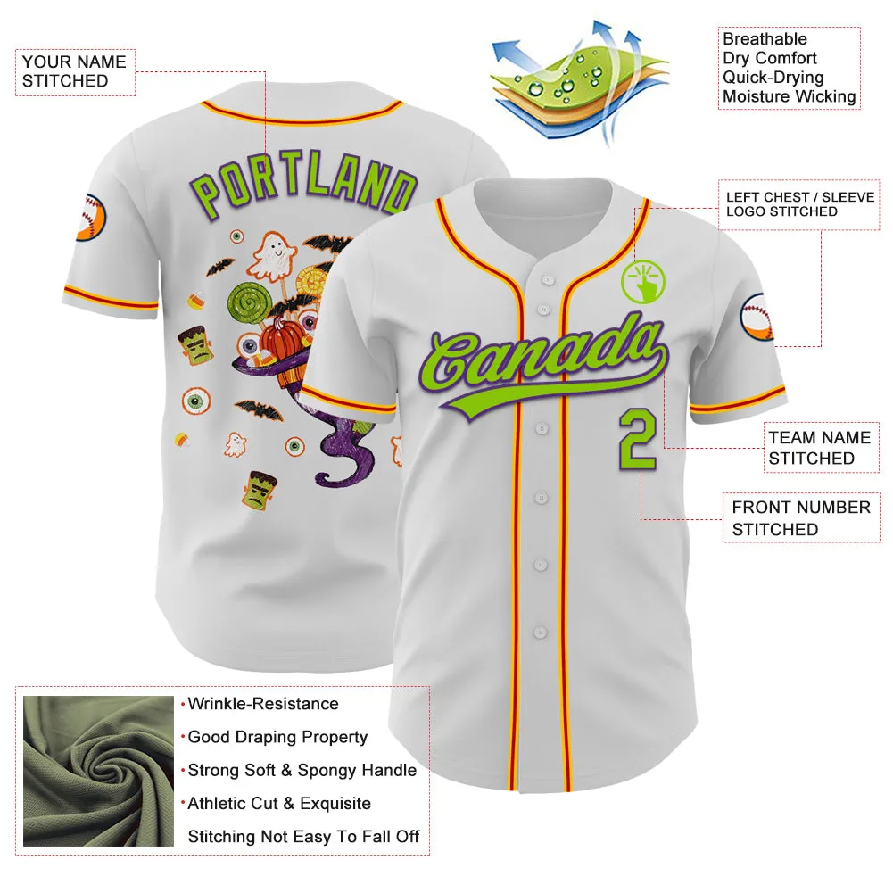 Custom White Neon Green Purple Gold-Red 3D Halloween Authentic Baseball Jersey