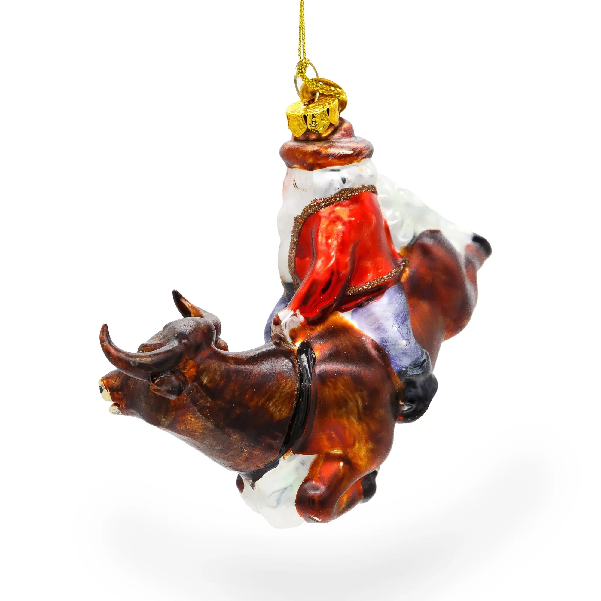 Daring Santa Riding A Bull On The Rodeo - Blown Glass Christmas Ornament