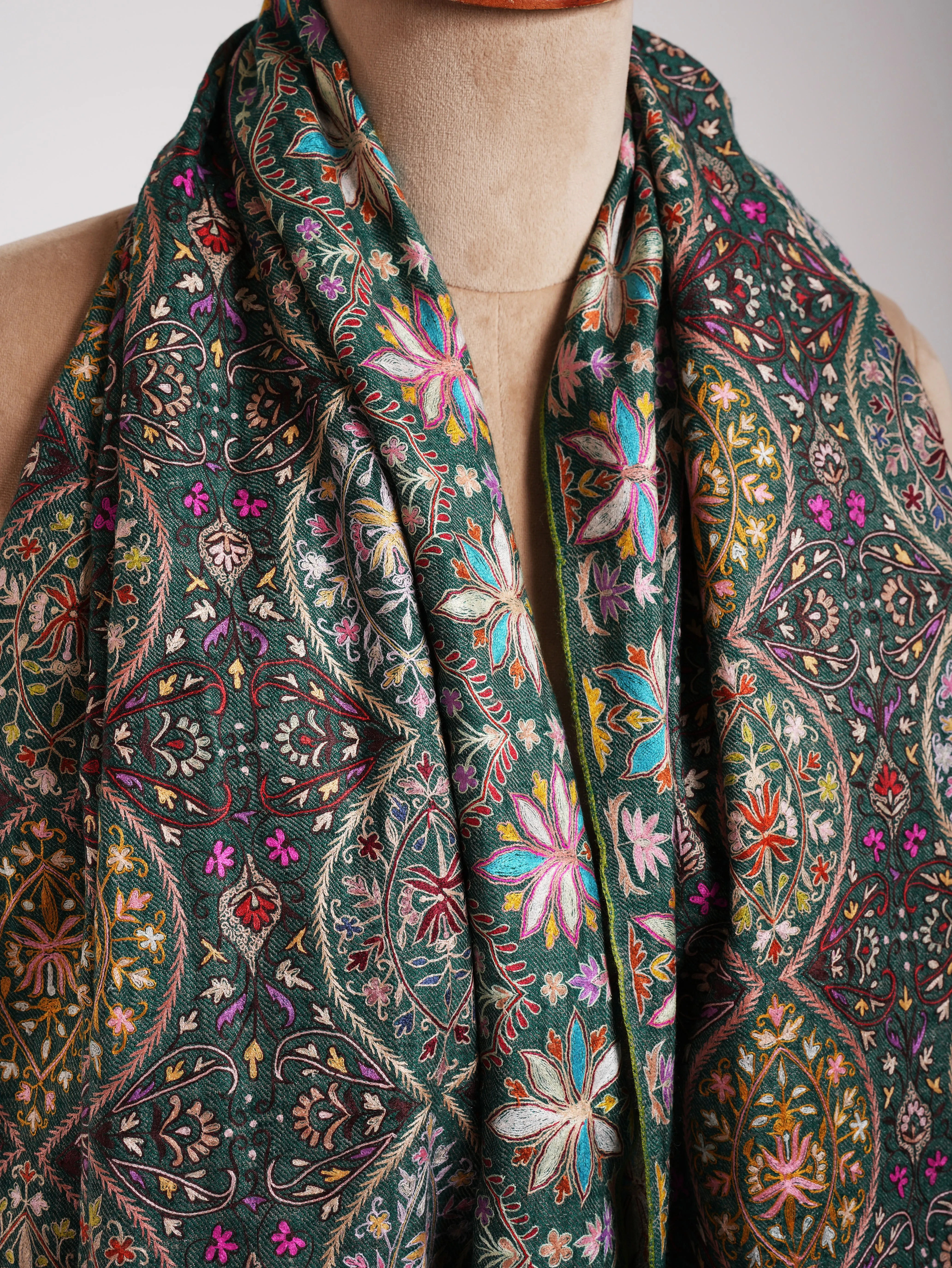 Dark Green and Silver Dorukha Art Silk Embroidery Pashmina Shawl