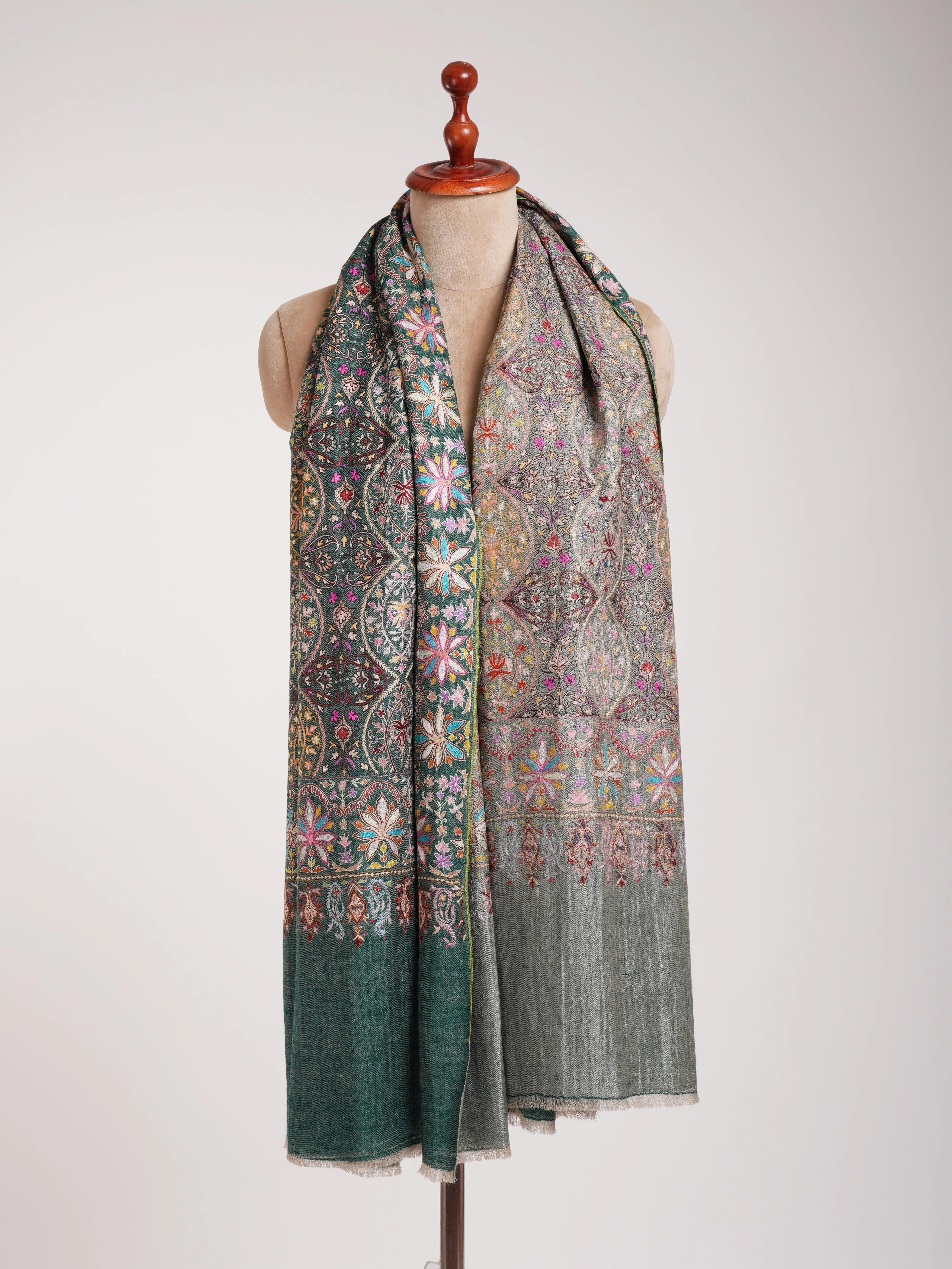 Dark Green and Silver Dorukha Art Silk Embroidery Pashmina Shawl