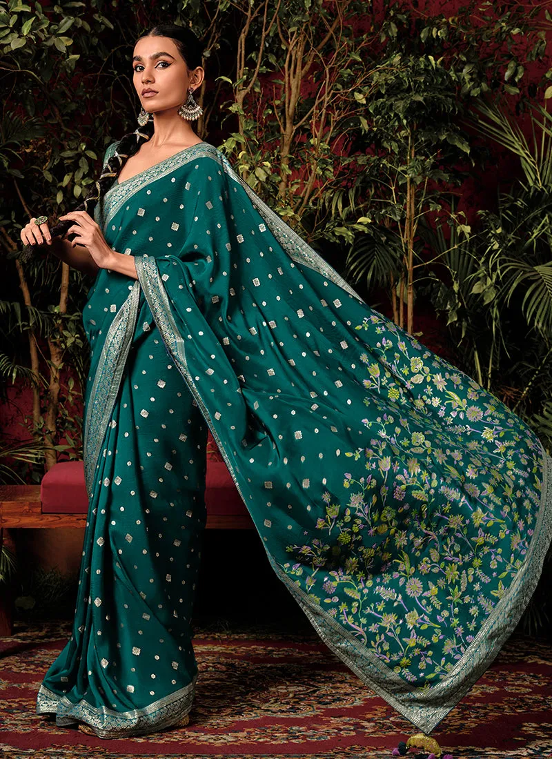 Dark Green Floral Viscose Silk Saree