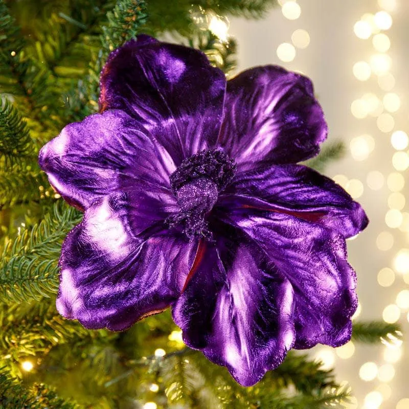 Dark Purple Magnolia Clip-On Christmas Tree Decoration - 21cm