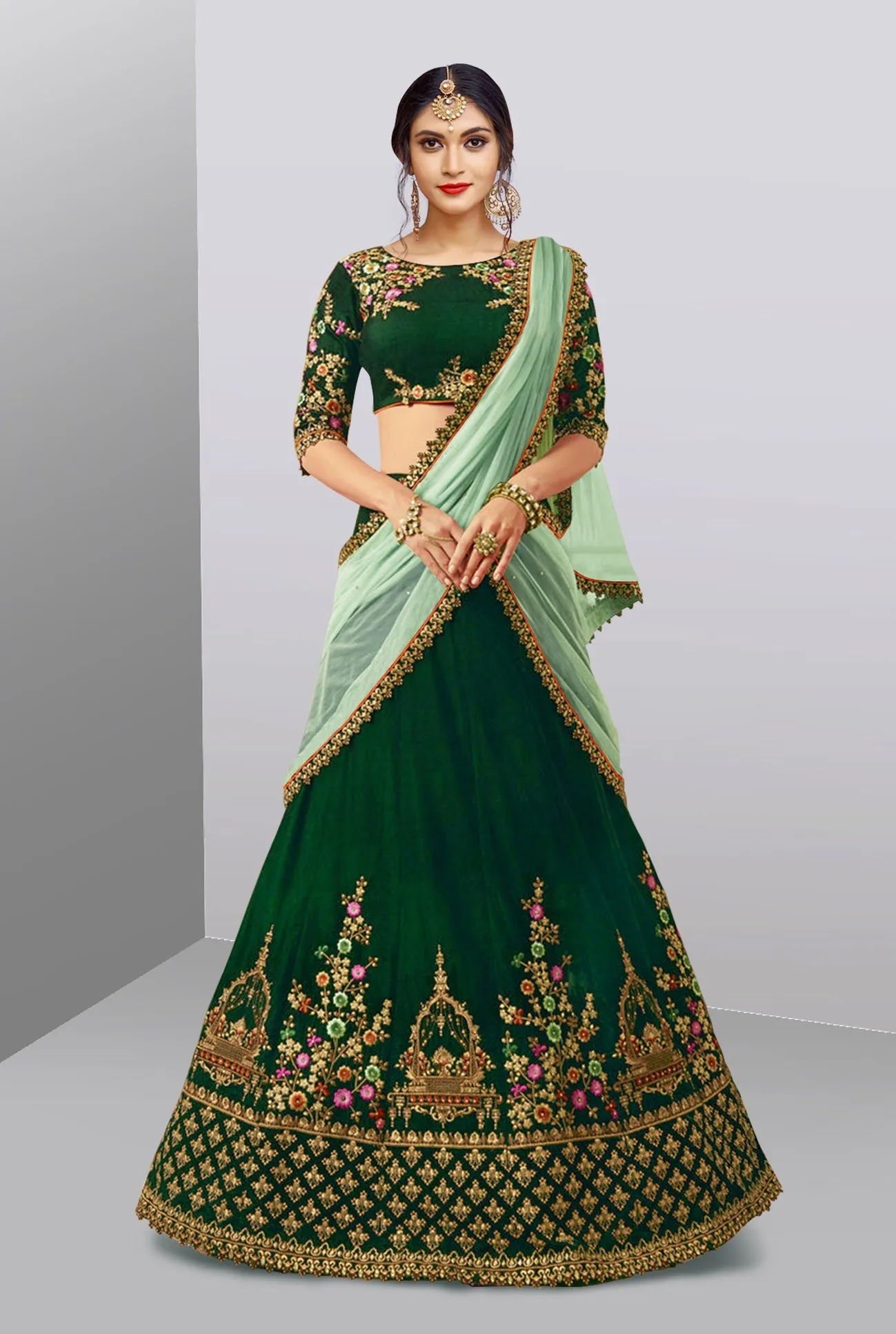 Dazzling Dark Green Colored Party Wear Embroidered Lehenga Choli