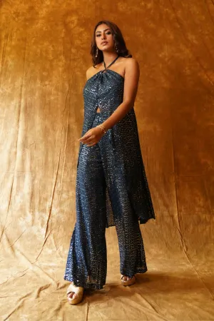 Dazzling Tradition: High-Low Mirrorwork Top & Palazzo Pants - Navy Blue