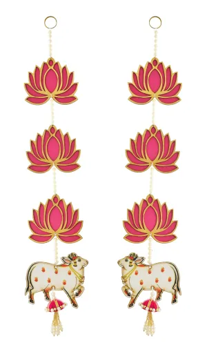 Decorative Door Hanging with Cow and Lotus Motifs, 12 INCH x 6.5 INCH, Pink and Gold