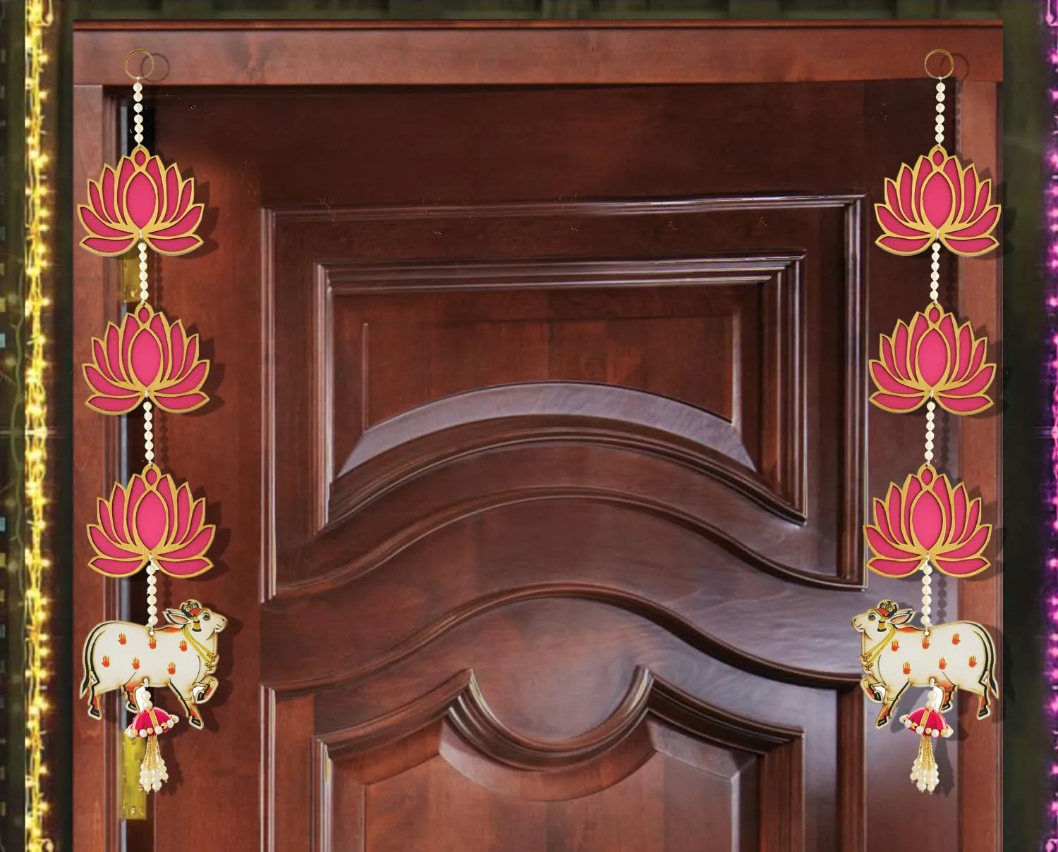 Decorative Door Hanging with Cow and Lotus Motifs, 12 INCH x 6.5 INCH, Pink and Gold