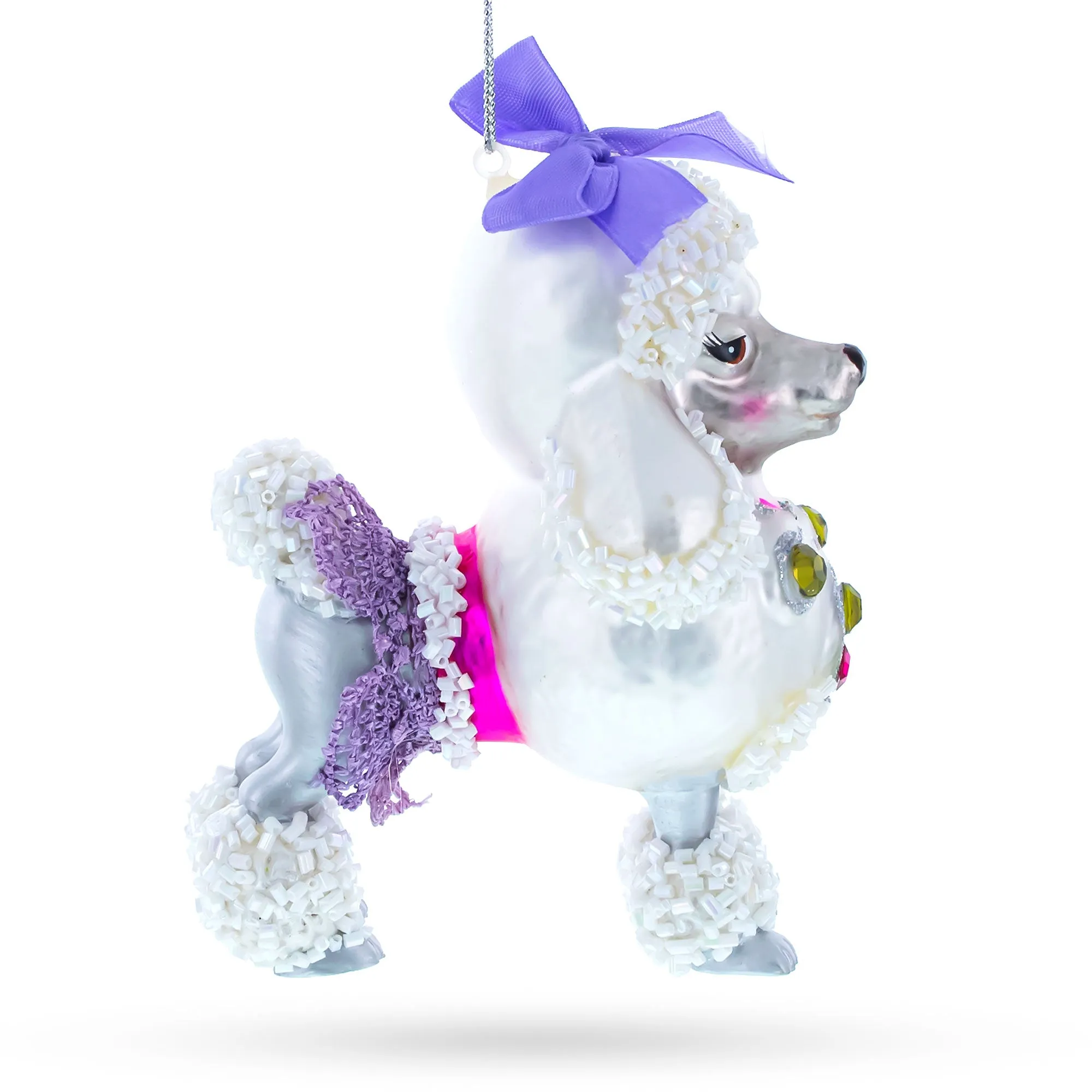 Elegant Bejeweled Poodle - Blown Glass Christmas Ornament