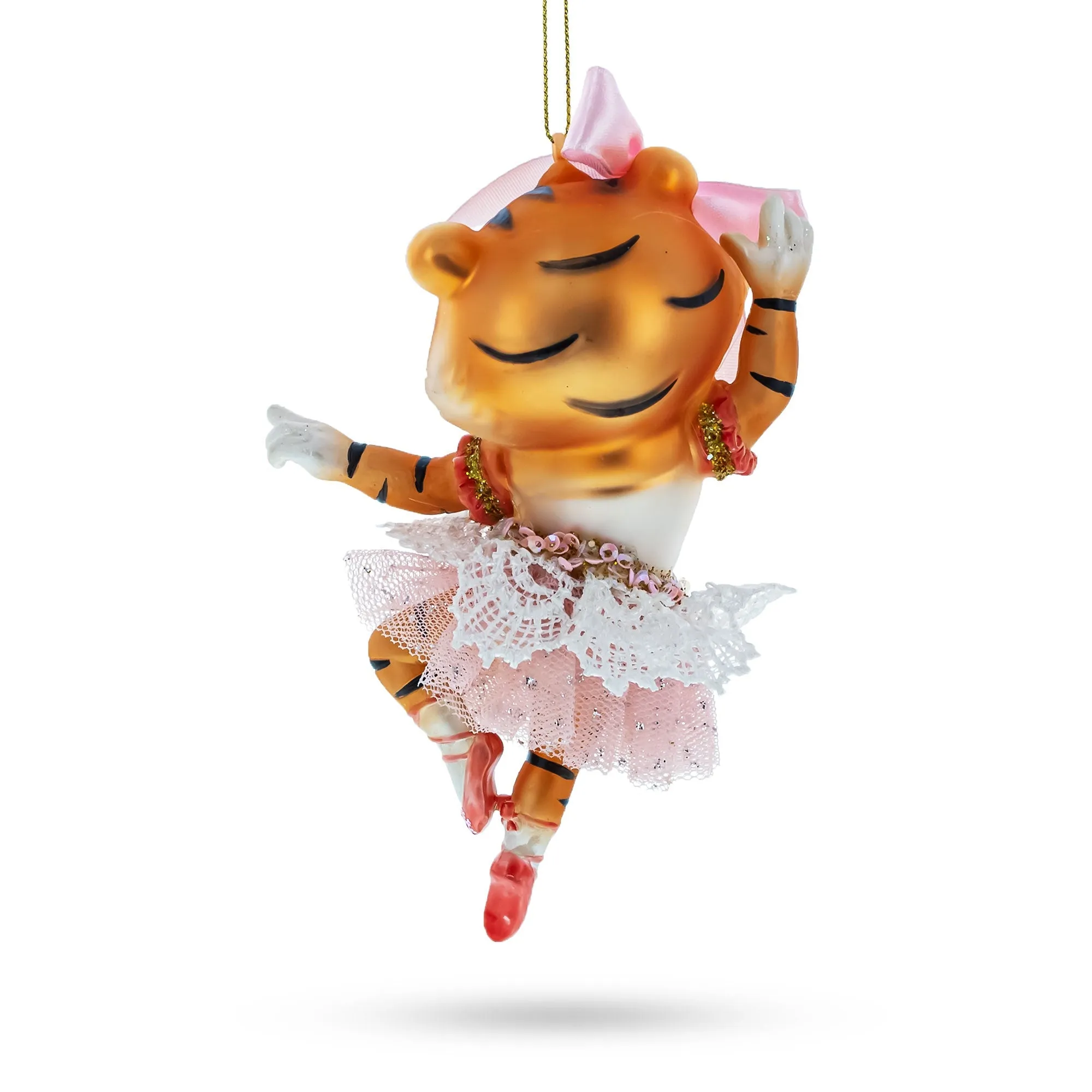 Elegant Lady Tiger In Pink Dress - Blown Glass Christmas Ornament