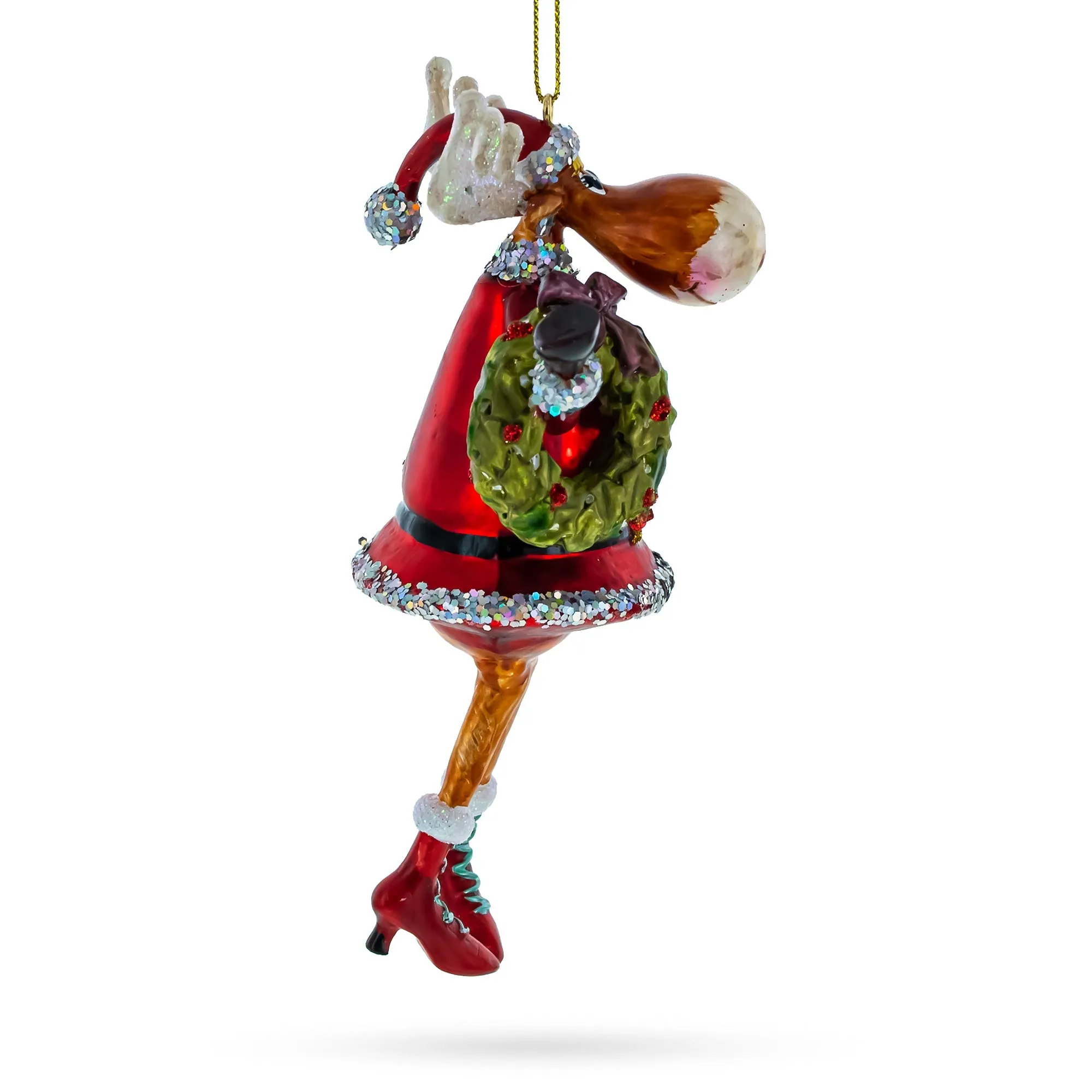 Elegant Reindeer Lady Adorned With Christmas Wreath - Festive Blown Glass Christmas Ornament