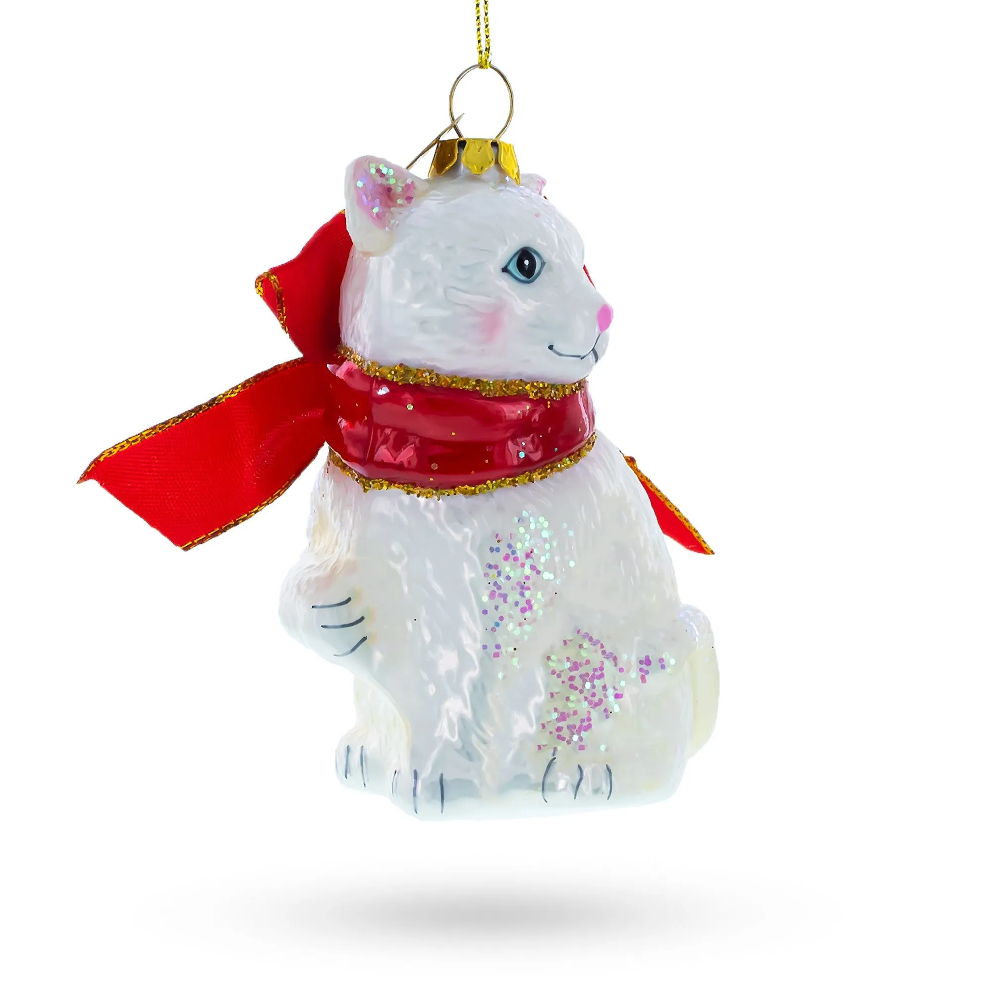 Elegant White Persian Cat - Blown Glass Christmas Ornament