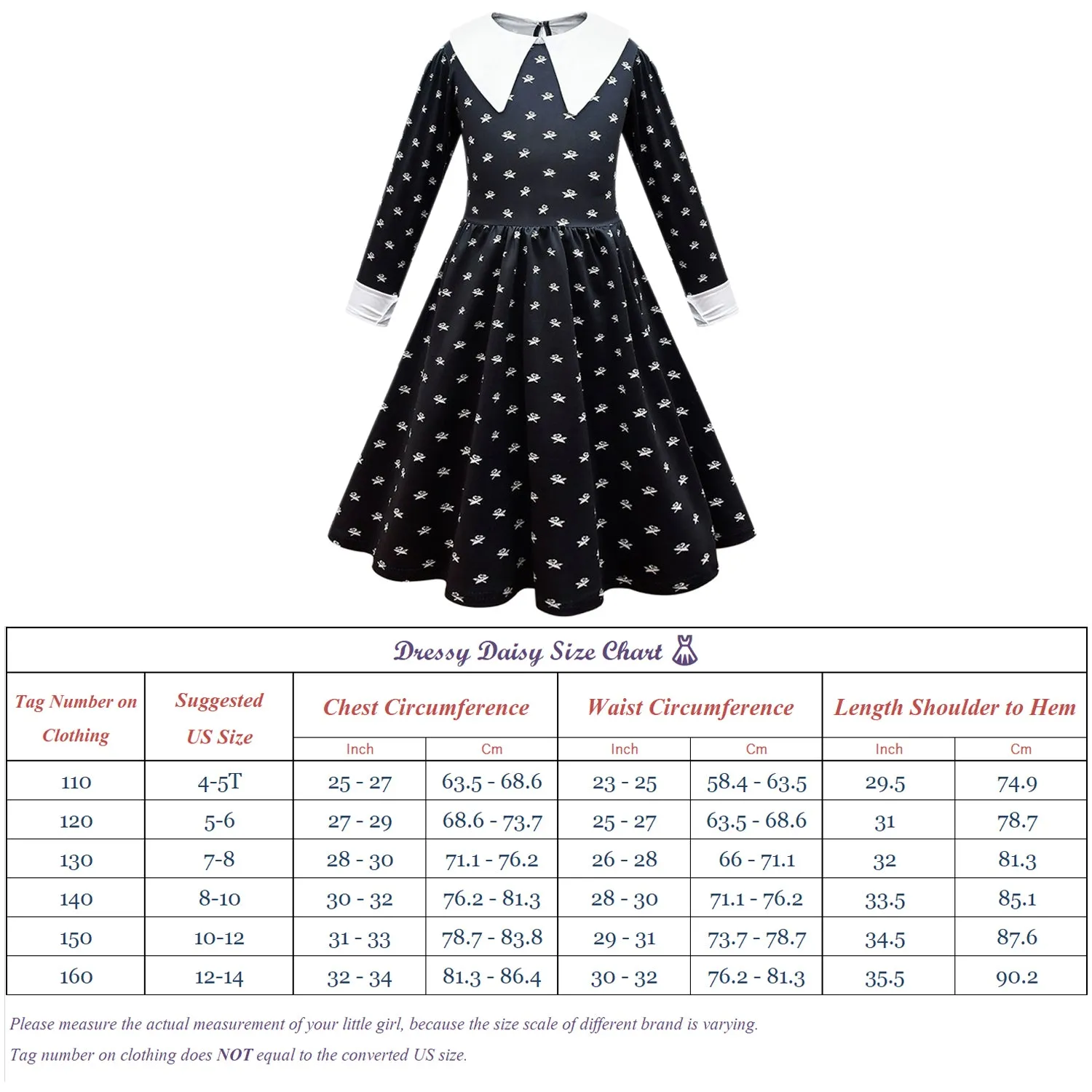 FC372 - Wednesday Gothic Black Dress Halloween Costume Fancy Party Cosplay Outfit with Hair Wig for Girls Size 4T to 14