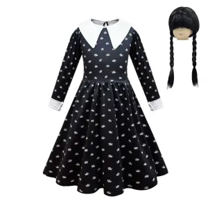 FC372 - Wednesday Gothic Black Dress Halloween Costume Fancy Party Cosplay Outfit with Hair Wig for Girls Size 4T to 14