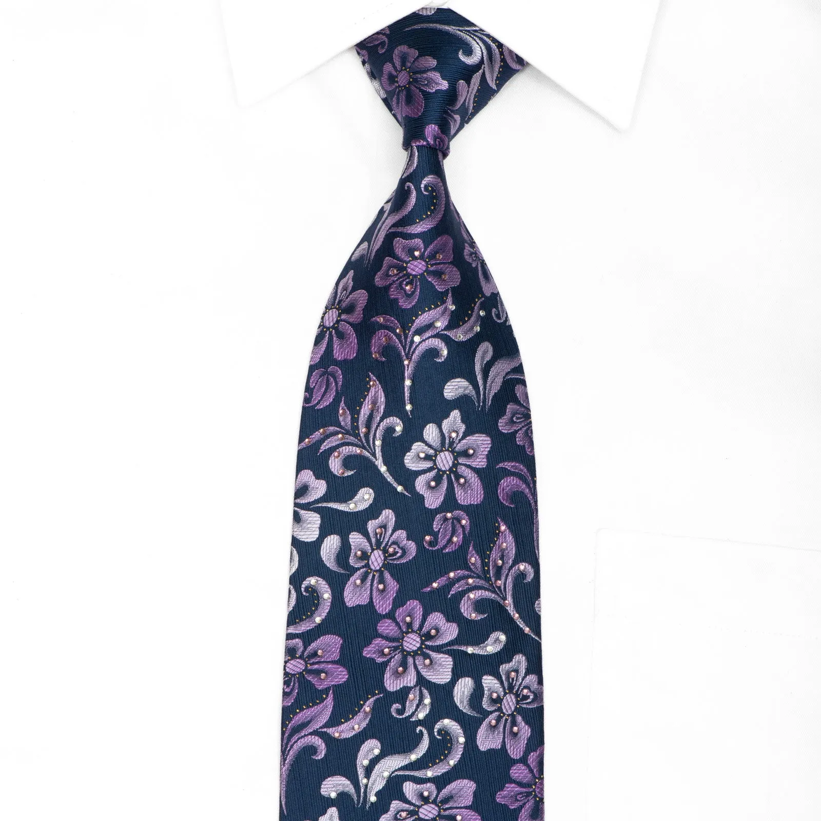 Floral On Blue Rhinestone Silk Necktie With Gold Sparkles