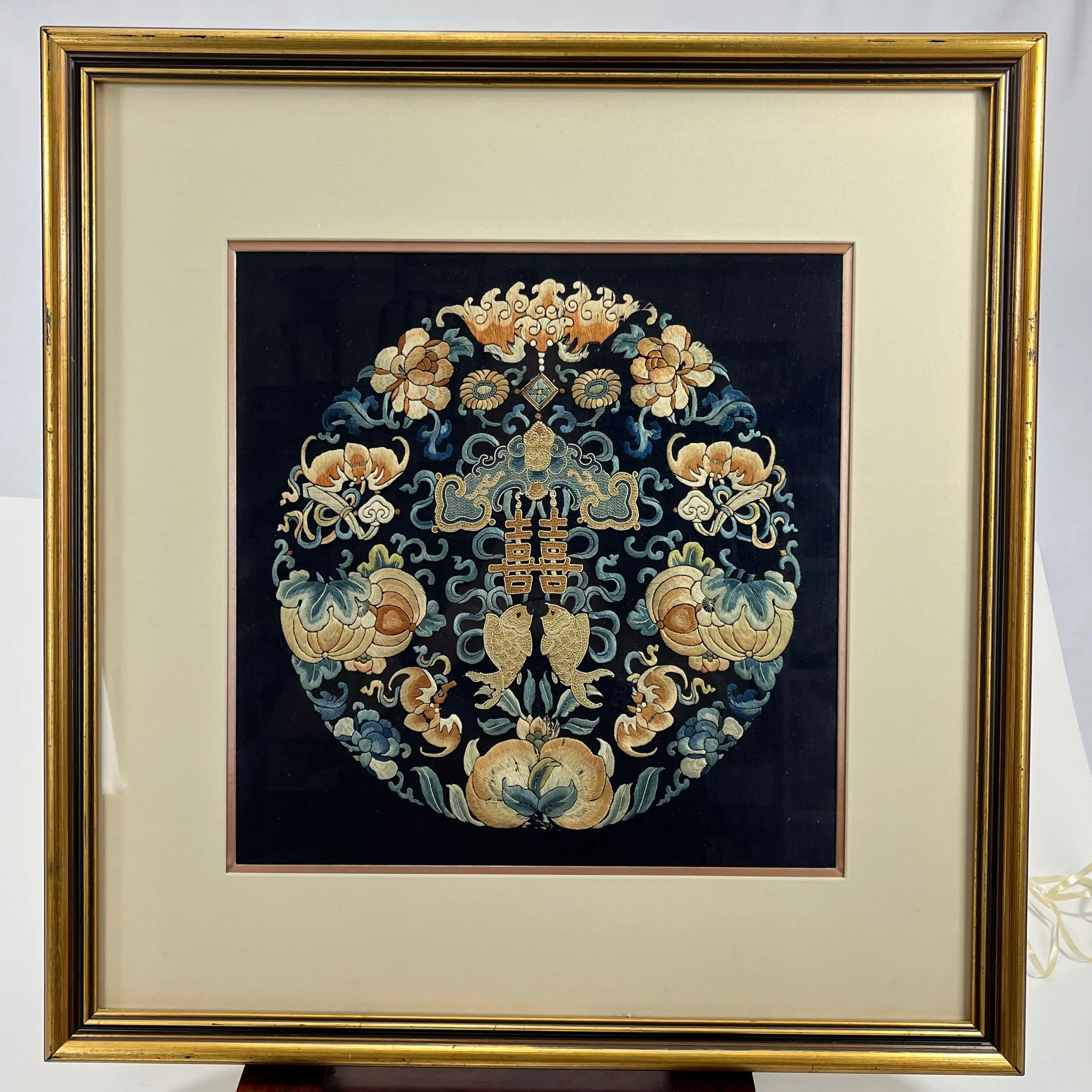 Framed Chinese Silk Blue Emboidery Wedding Roundel 23"