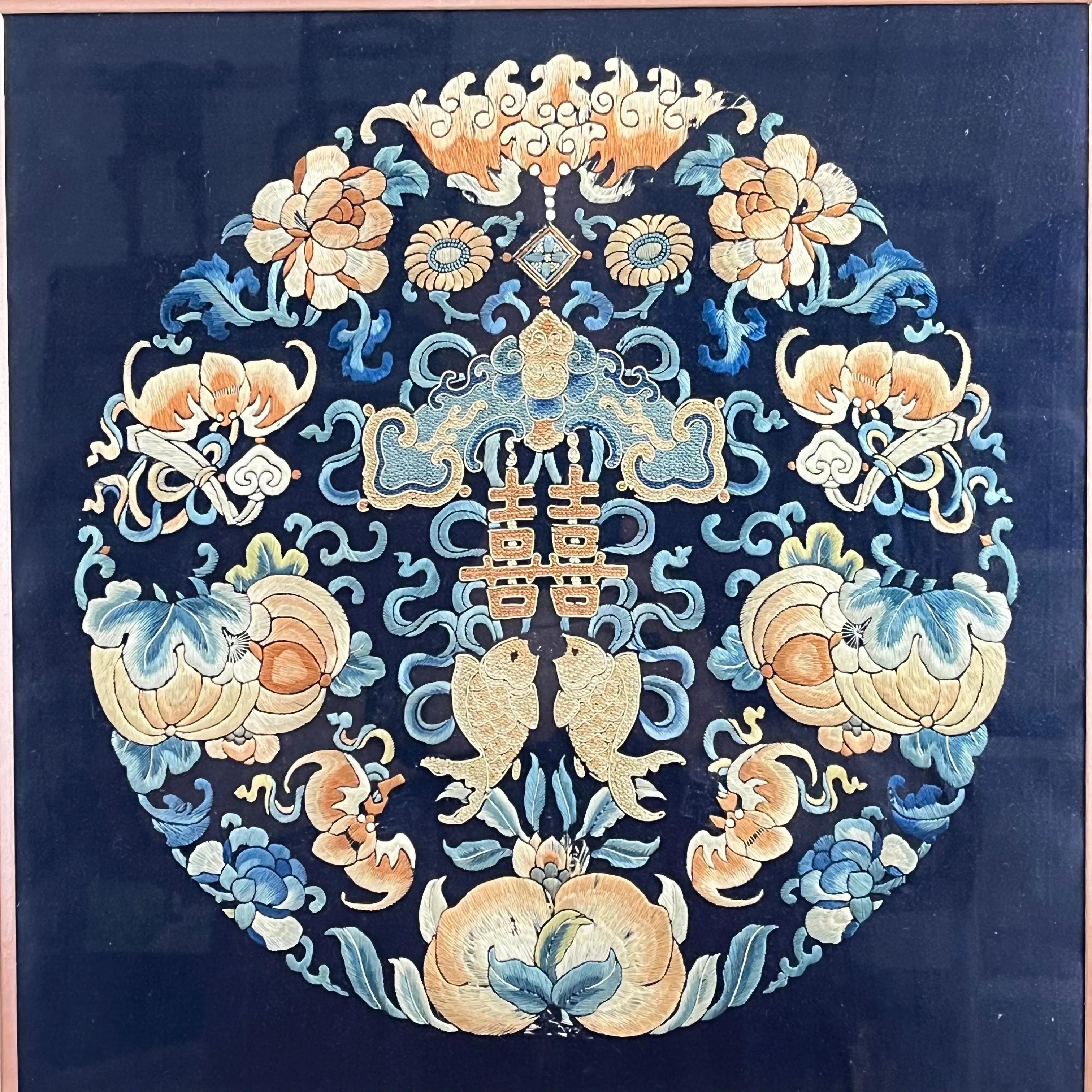 Framed Chinese Silk Blue Emboidery Wedding Roundel 23"