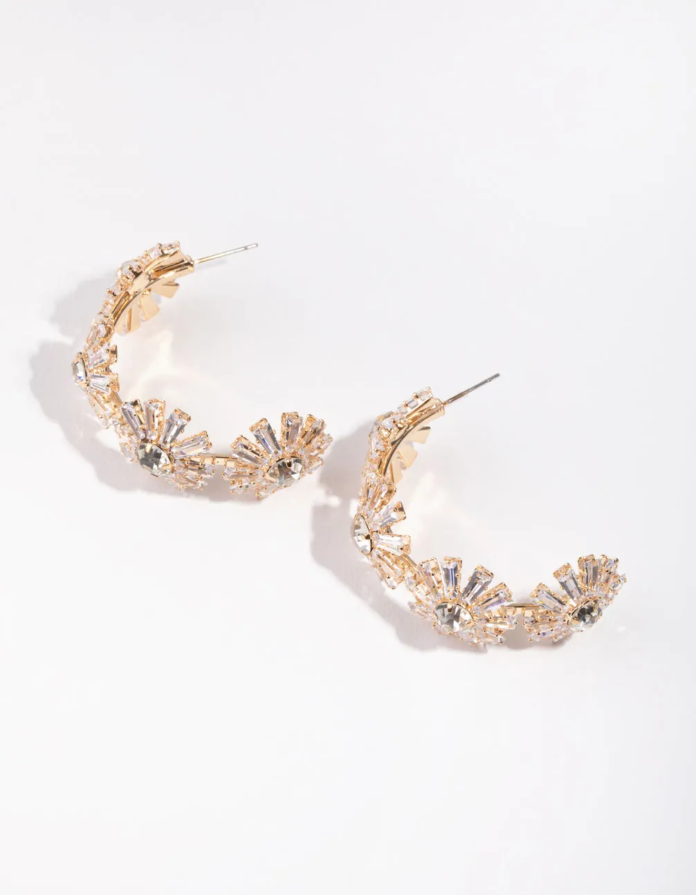 Gold Geometric Cubic Zirconia Stone Flower Hoops