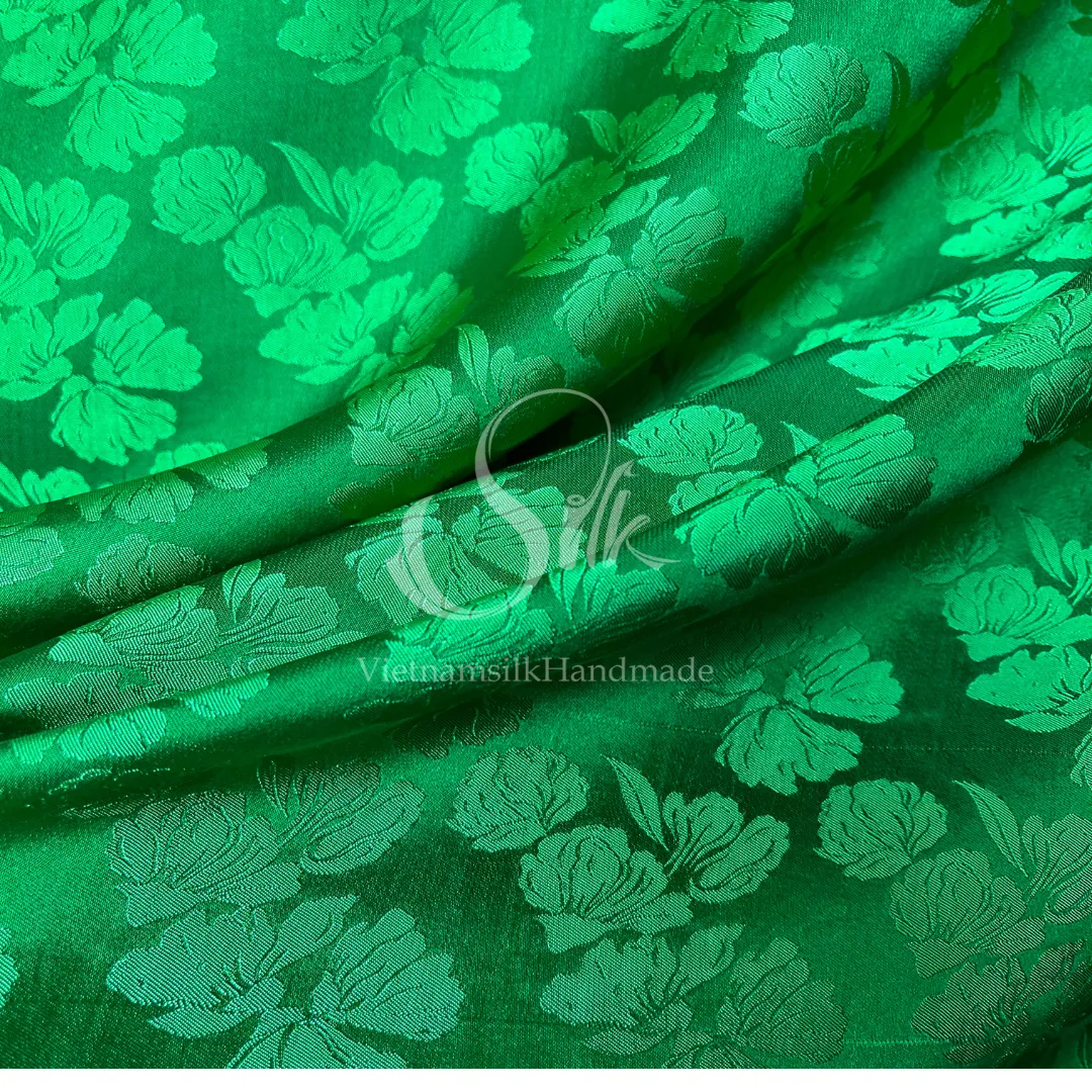 Green Silk with Big Flowers - PURE MULBERRY SILK fabric by the yard -  Floral Silk -Luxury Silk - Natural silk - Handmade in VietNam- Silk with Design