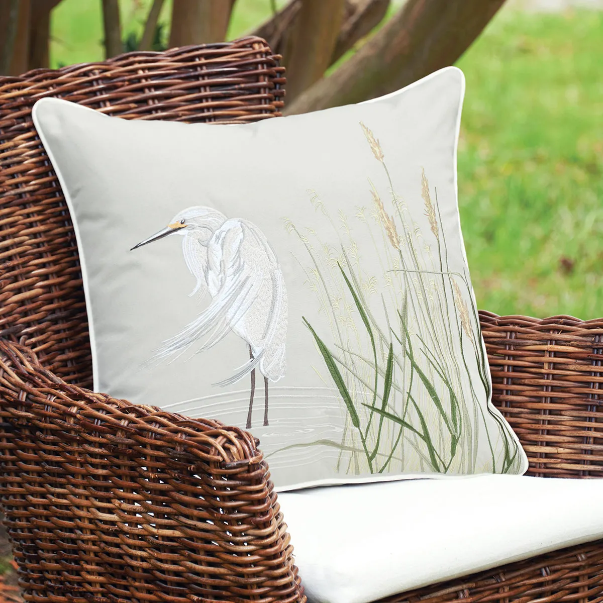 Grey Left White Egret Indoor Outdoor Pillow