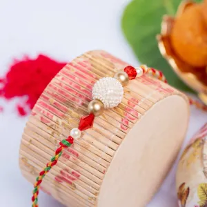 Handmade Designer Pearl Focal Rakhi with Red Crystal, Roli & Chawal for Brother - Traditional & Stylish