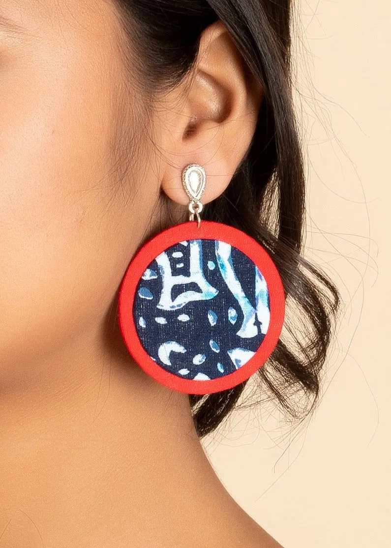 Handmade Indigo Red Lightweight Fish Fabric Drop with Oxidised Silver Stud Earrings for All Occasions