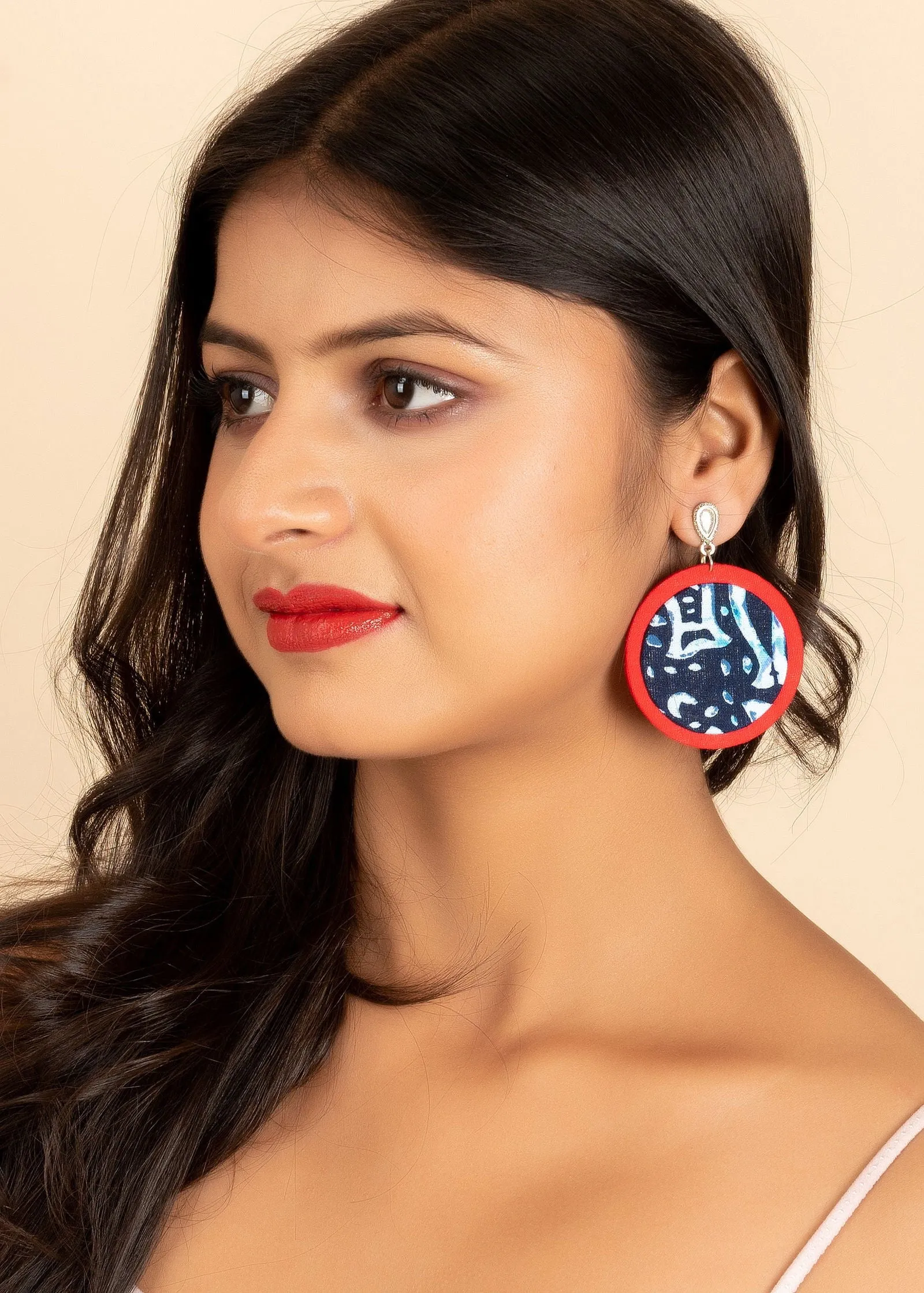 Handmade Indigo Red Lightweight Fish Fabric Drop with Oxidised Silver Stud Earrings for All Occasions