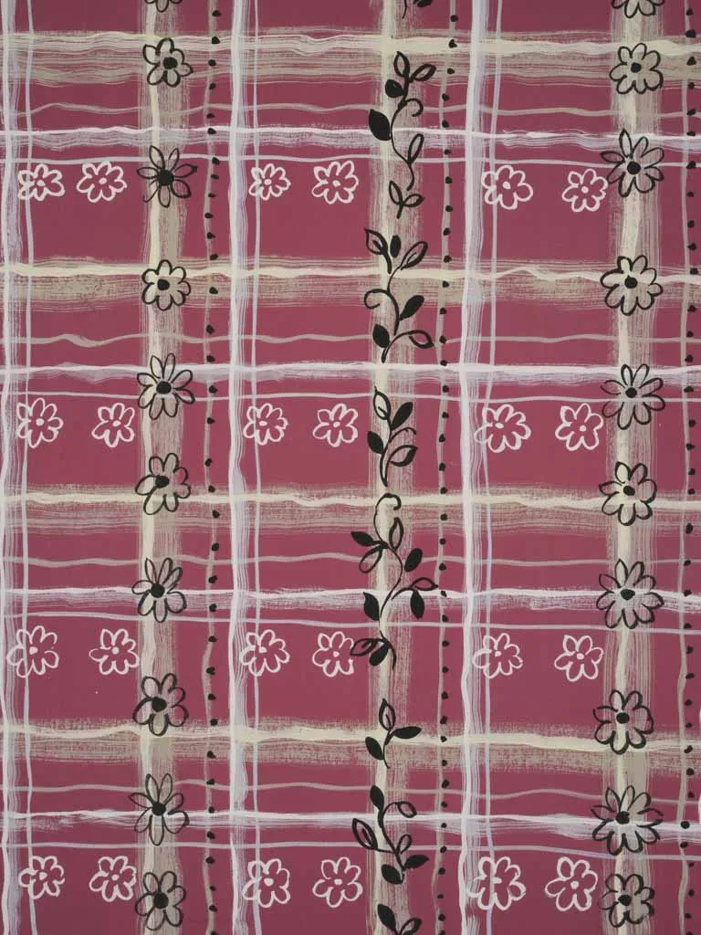 Handpainted Fabric Design by Arthur Litt - dark pink plaid pattern w/ flowers