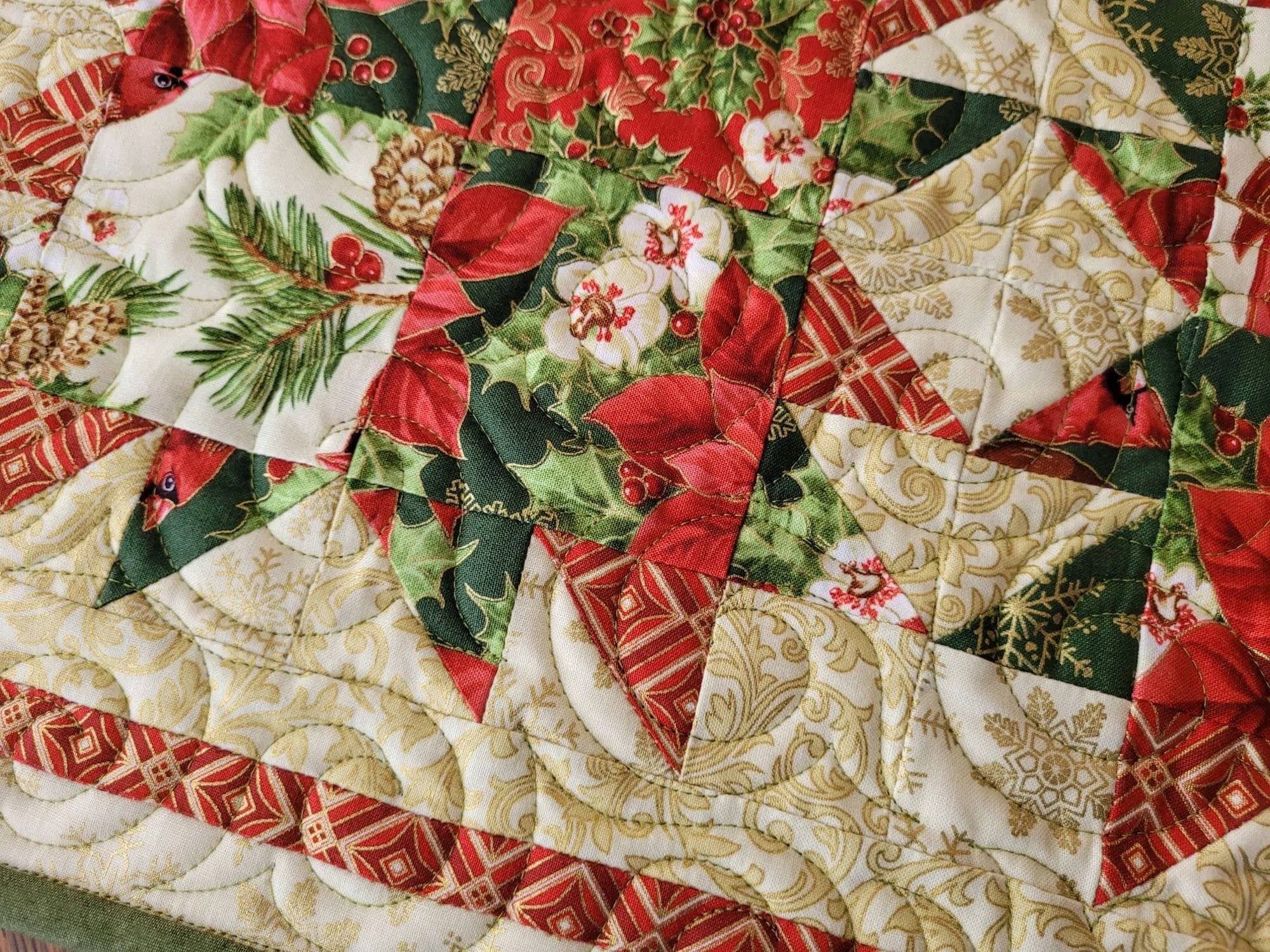 Holiday Bear Paw Quilted Table Runner | Christmas Poinsettia Quilt with Holly and Cardinals