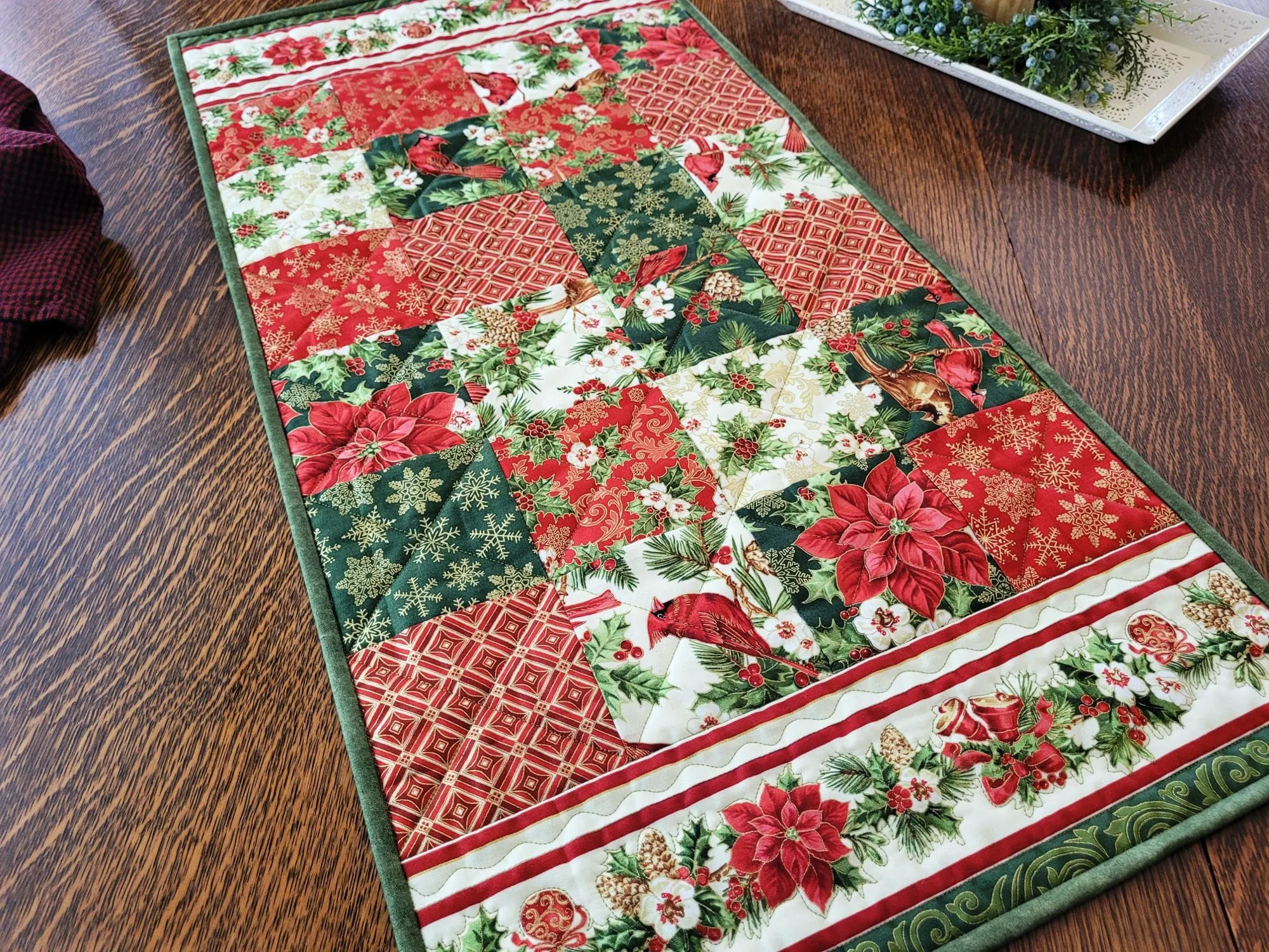 Holiday Bear Paw Quilted Table Runner | Christmas Poinsettia Quilt with Holly and Cardinals