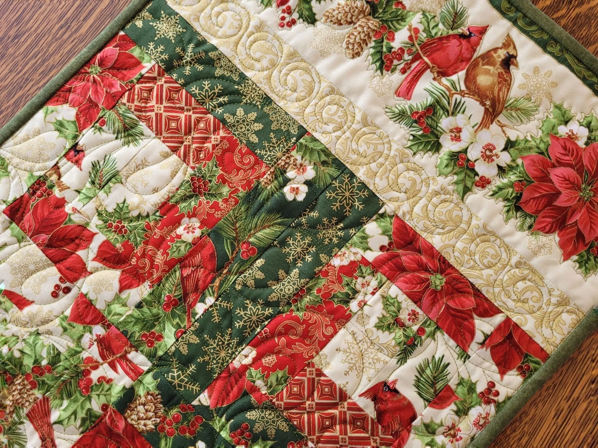 Holiday Bear Paw Quilted Table Runner | Christmas Poinsettia Quilt with Holly and Cardinals