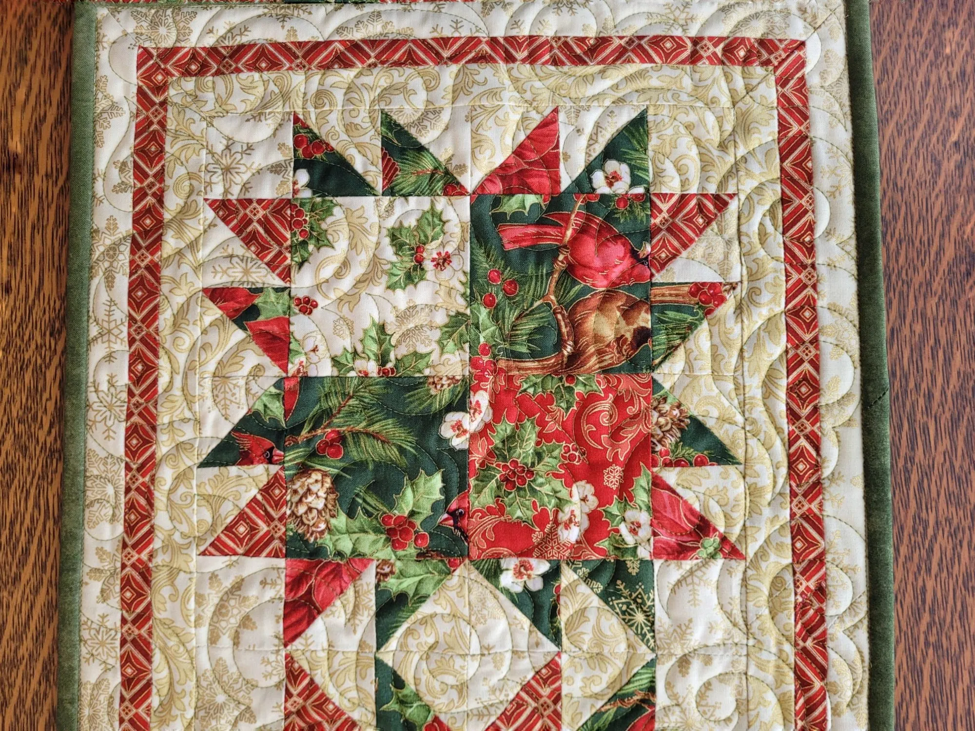 Holiday Bear Paw Quilted Table Runner | Christmas Poinsettia Quilt with Holly and Cardinals