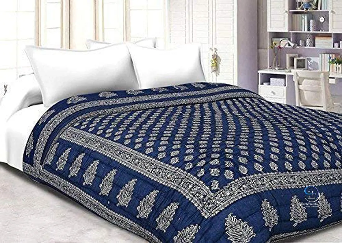 HOMOBITE World Famous Jaipuri Light Weight Pure Cotton Traditional Rajasthani Print White Colour Double Bed Quilt/Razai/Rajai (Blue Dai Gold, Double)