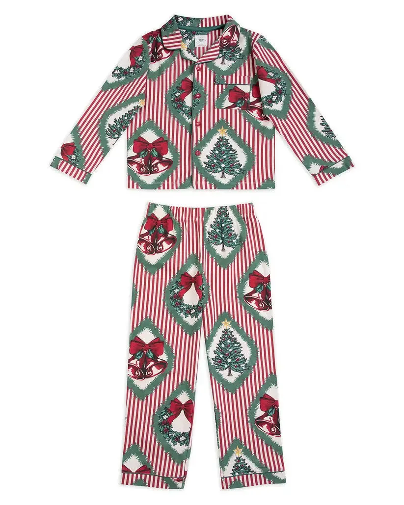 Kids Organic Cotton Christmas Vintage Tree & Wreath Print Long Pyjama Set