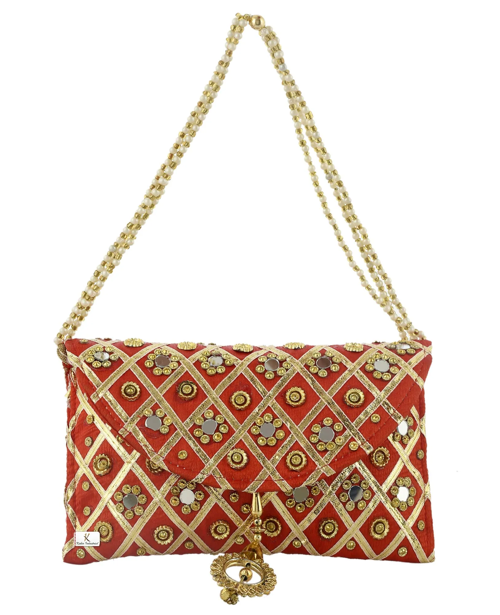 Kuber Industries 2 Pieces Silk Traditional Mirror Work Envelope Clutch/Hand Purse Bag for Women/Girls (Blue & Red)-KUBMART11467