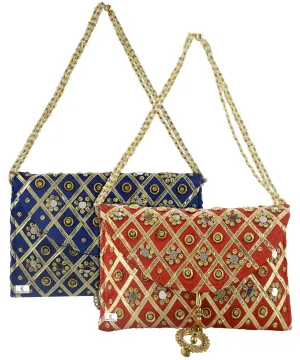 Kuber Industries 2 Pieces Silk Traditional Mirror Work Envelope Clutch/Hand Purse Bag for Women/Girls (Blue & Red)-KUBMART11467