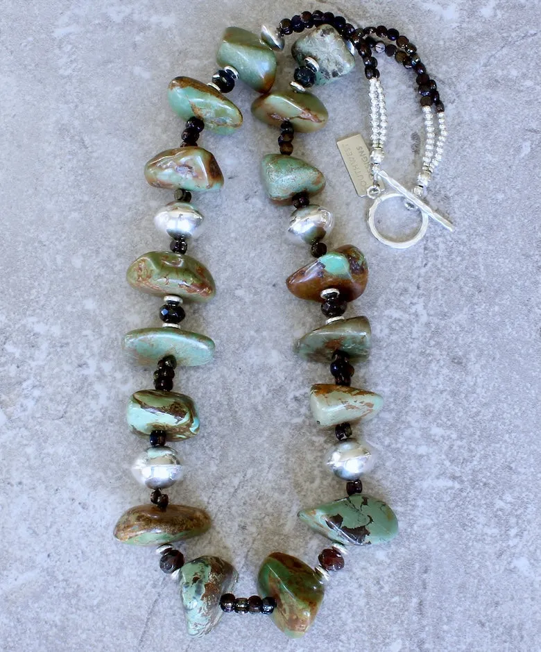 Large Turquoise Nugget Necklace with Czech Nailheads, Czech Luster Glass, and Sterling Silver Rondelles, Discs, and Toggle Clasp