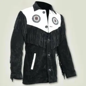 Leather jacket Men's Traditional Native Black & White Classic Suede Leather Western Jacket Braided Fringes Country Side Red Indian Western