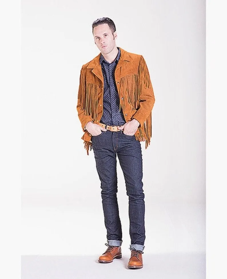 Leather jacket Men's Traditional Native Brown Classic Suede Leather Western Jacket Braided Fringes Country Side Red Indian Western Wear